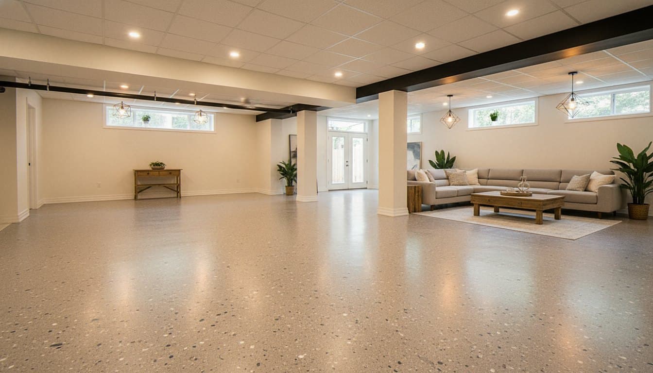 Finished basement in warm grey epoxy.