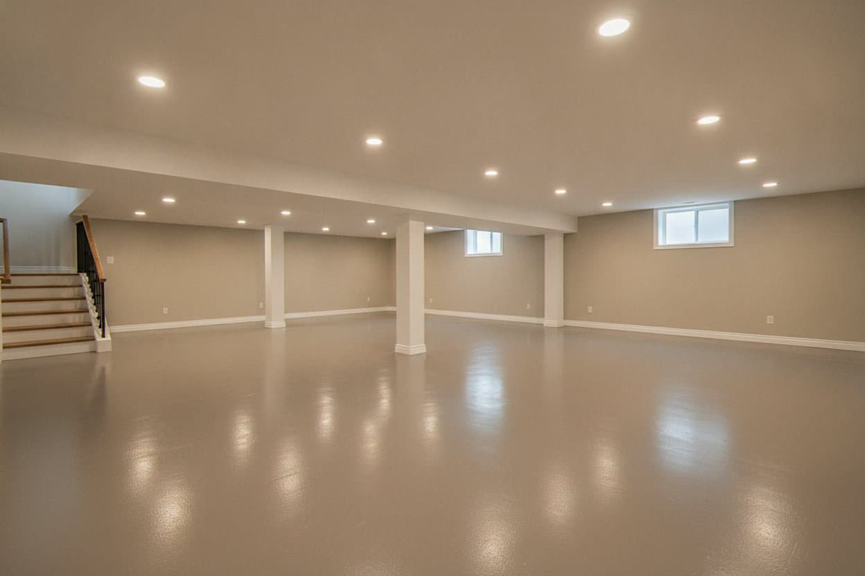 Basement room with sealed epoxy floor.