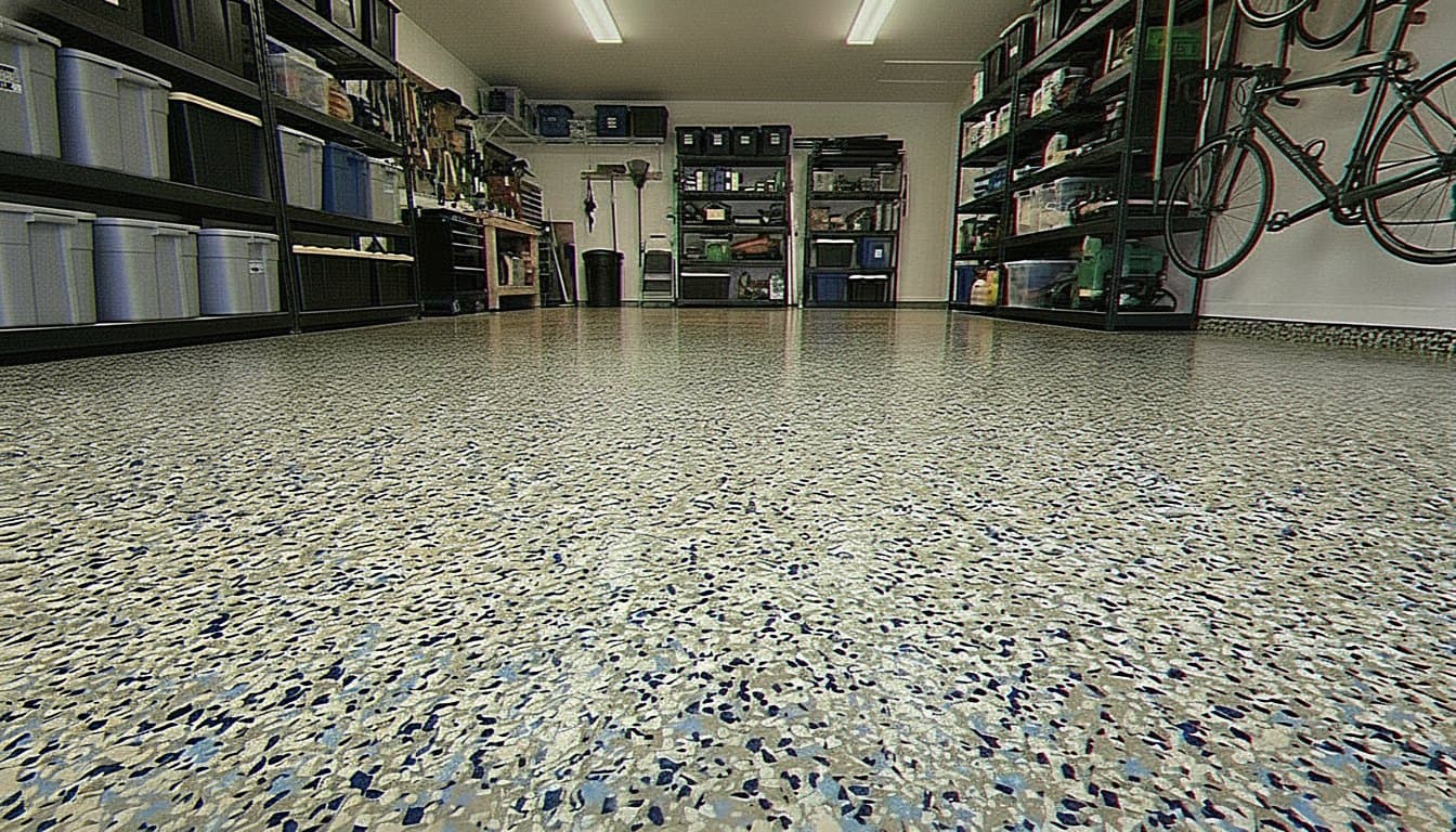 Dense charcoal vinyl flake epoxy finish.