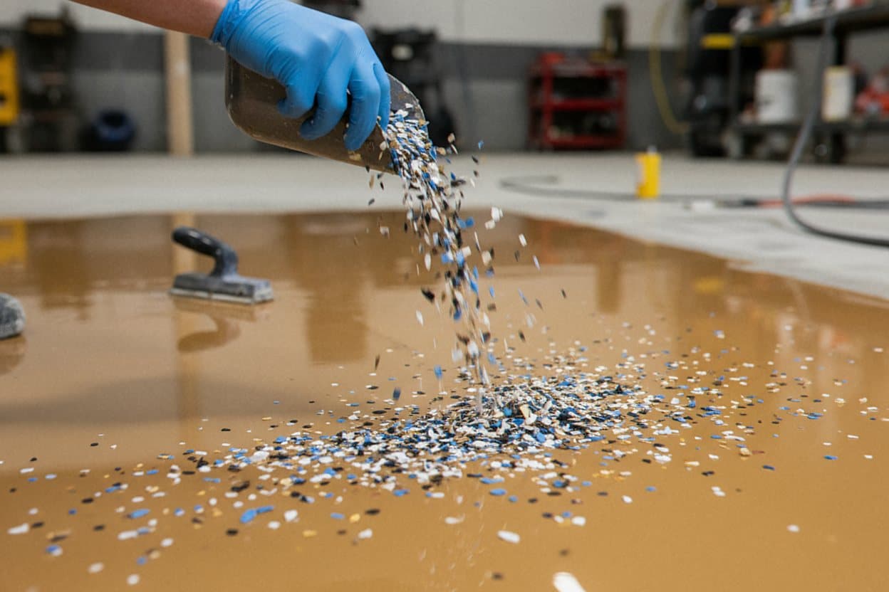 Vinyl flakes broadcast over wet epoxy.