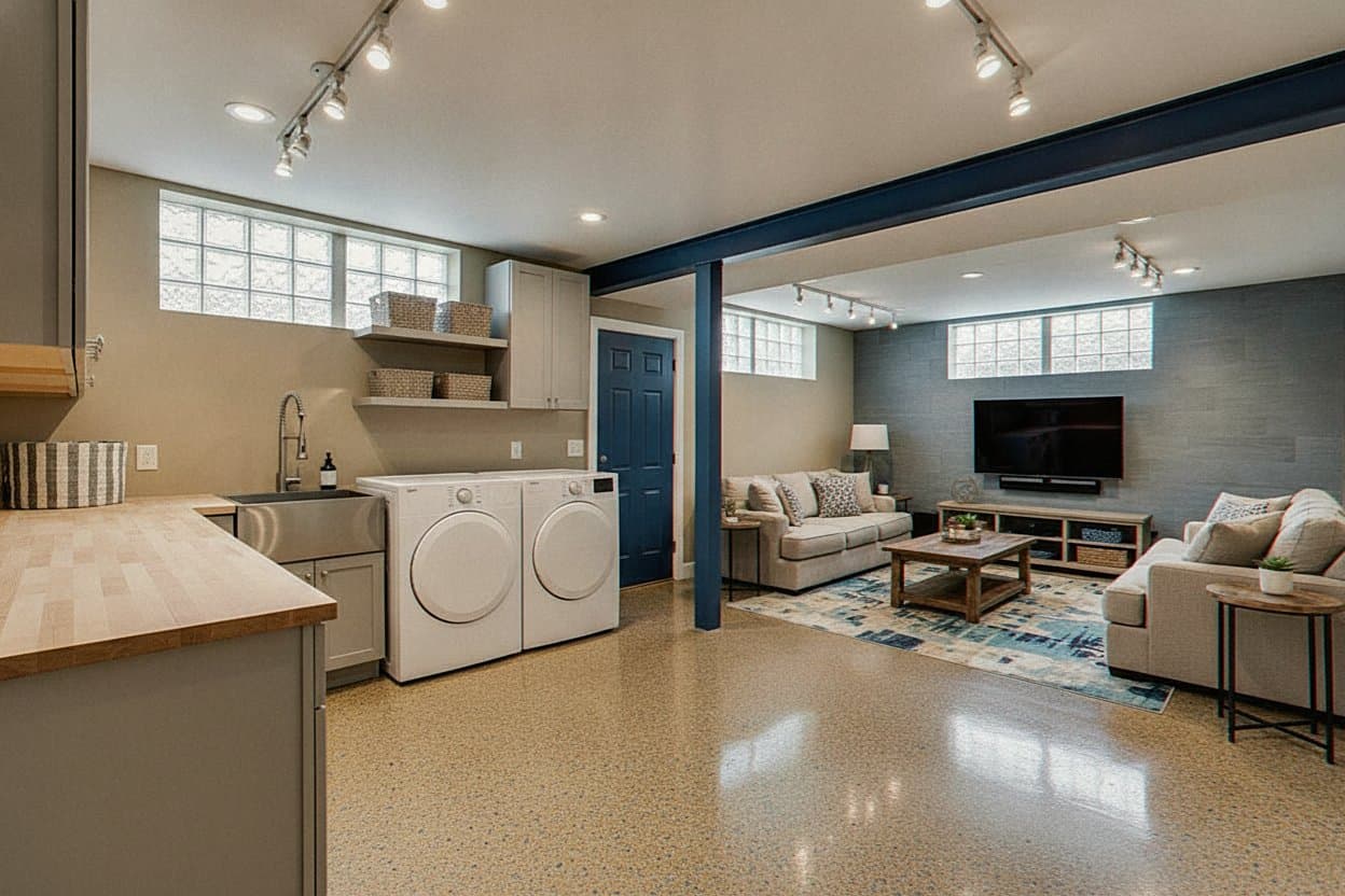 Garage with complete flake epoxy coating.