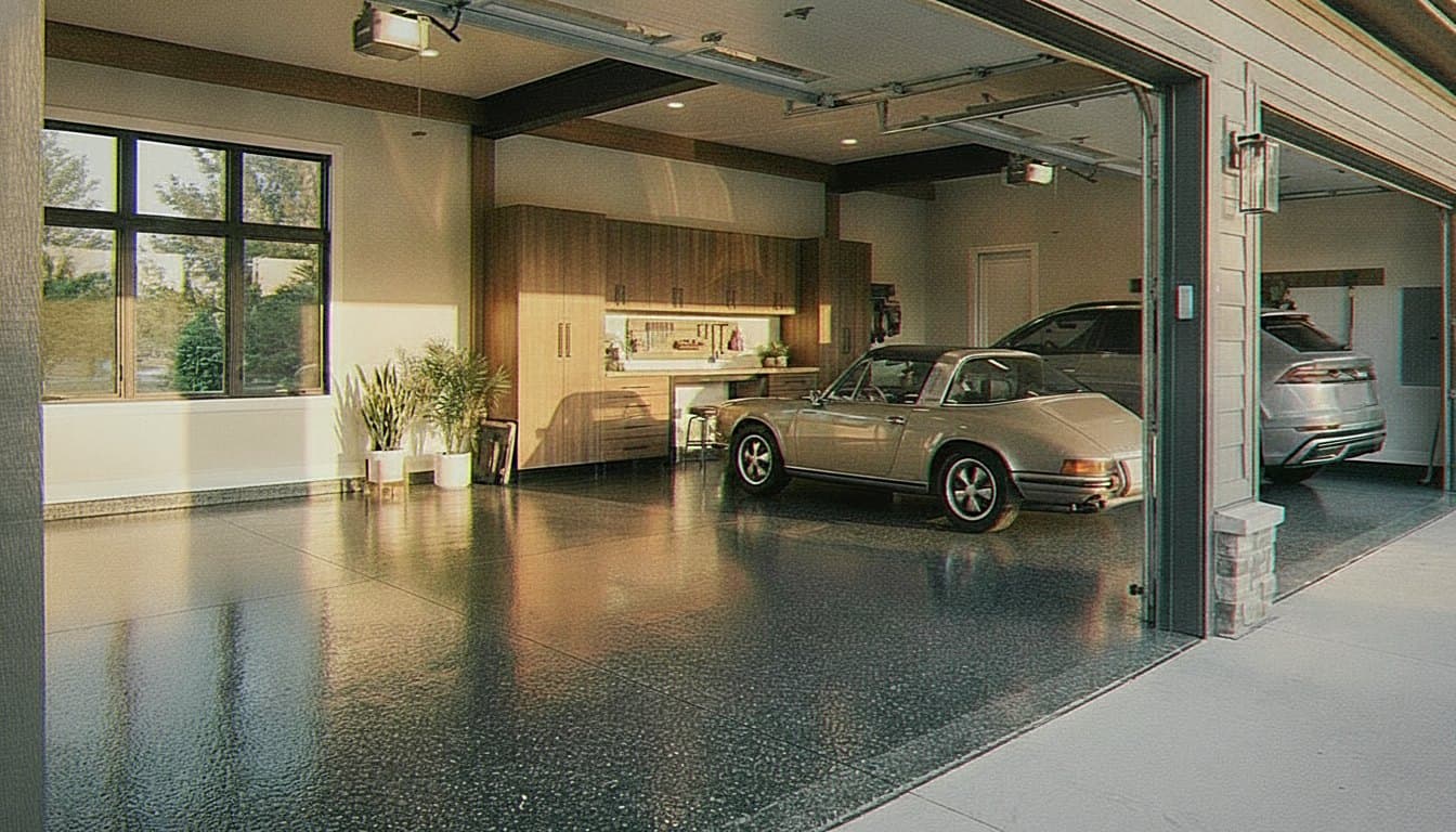 Polished charcoal flake epoxy garage floor.