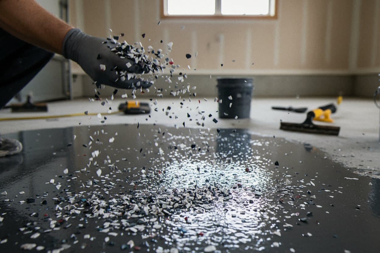 Vinyl flakes broadcast onto wet epoxy.