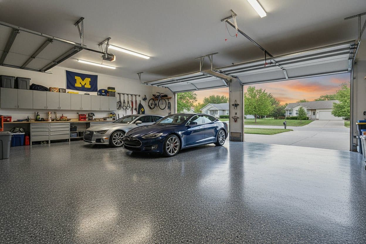 Two-car garage floor after epoxy coating.