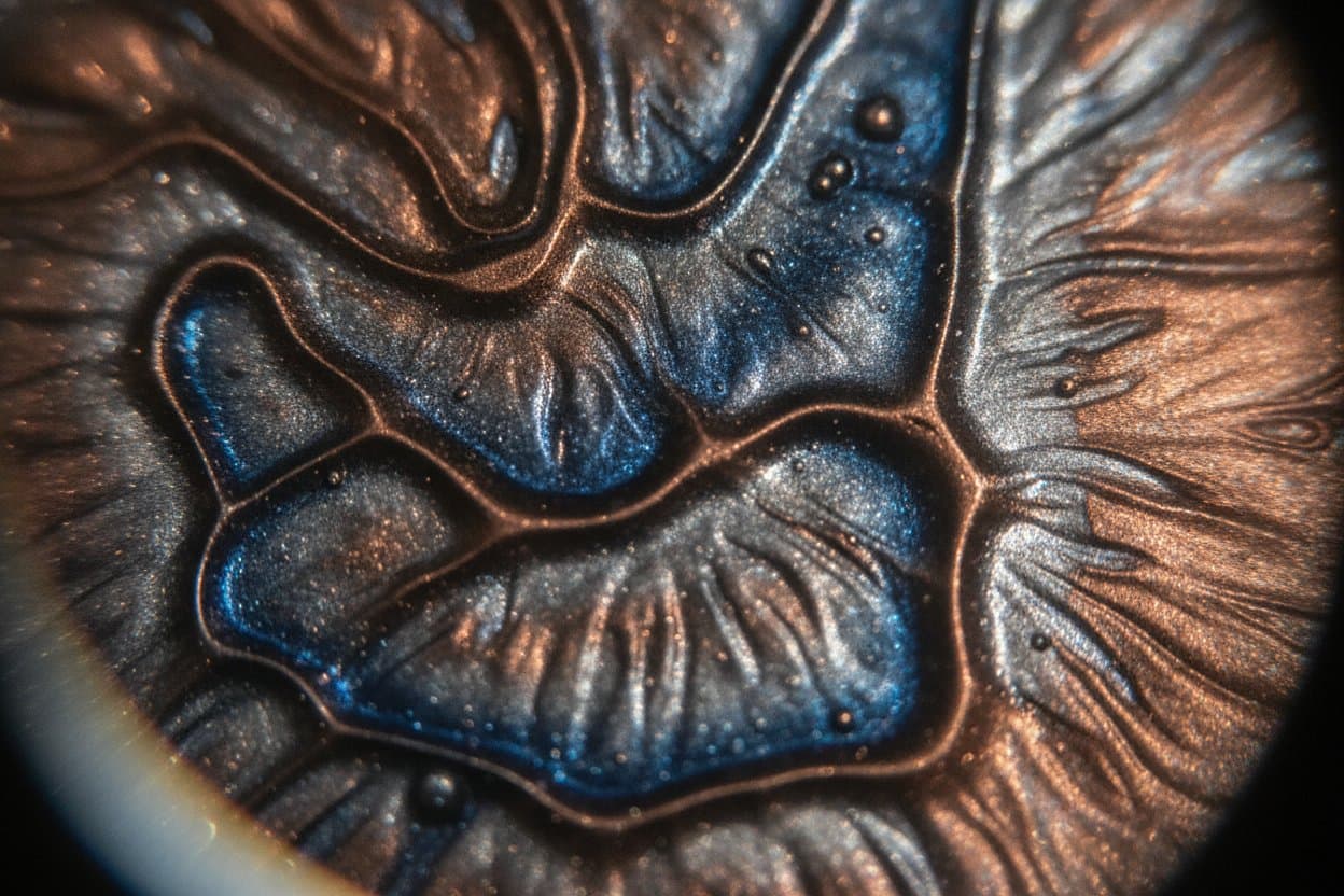 Cured metallic epoxy with three-dimensional effect.