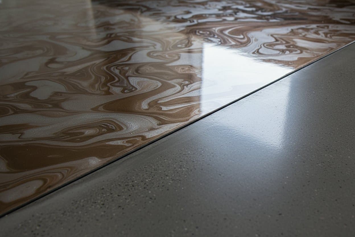 Metallic epoxy bordering polished concrete.