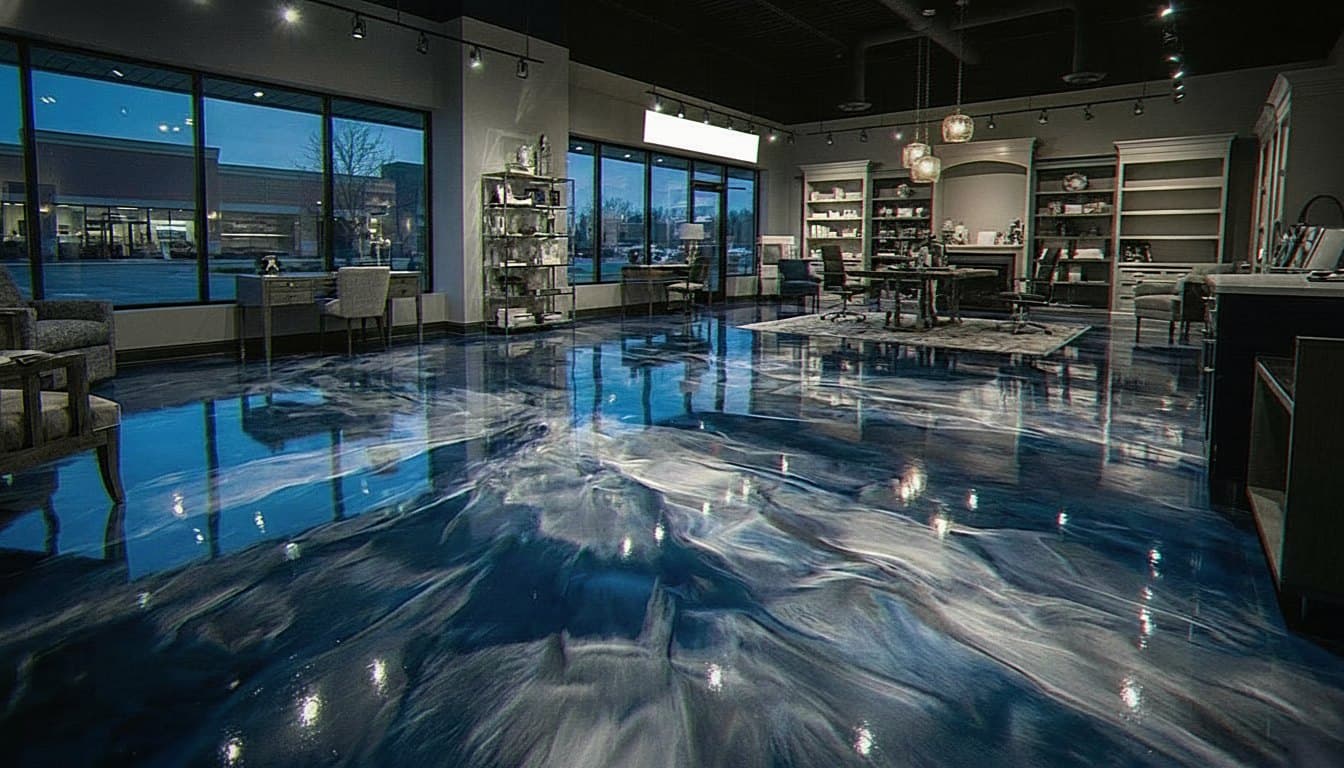 Metallic epoxy floor with marbled swirl.