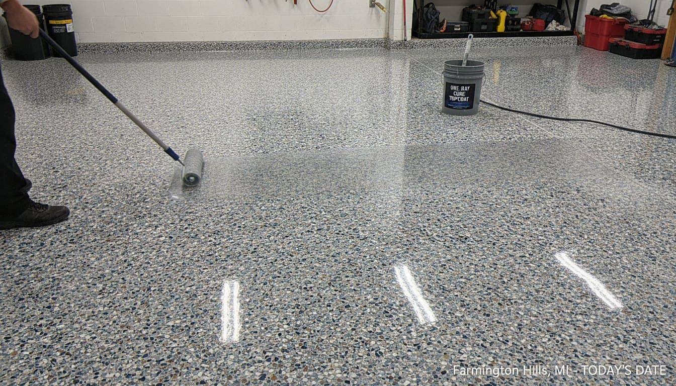 Clear topcoat over vinyl flake epoxy.