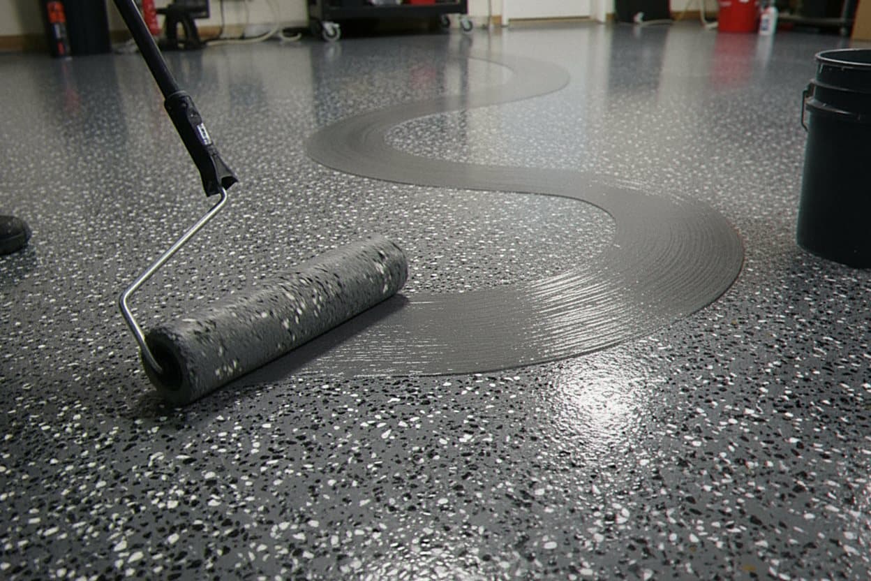 Polyaspartic being rolled over epoxy base.